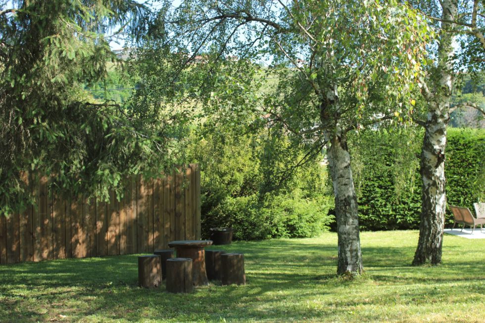 Création d'un espace détente ombragé sous les bouleaux.